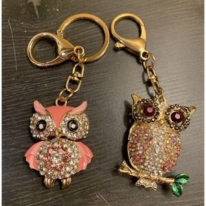 Owl Keychain Set Bejeweled Rhinestone Purse Jewelry Bling Clip Key Ring Wide Eye